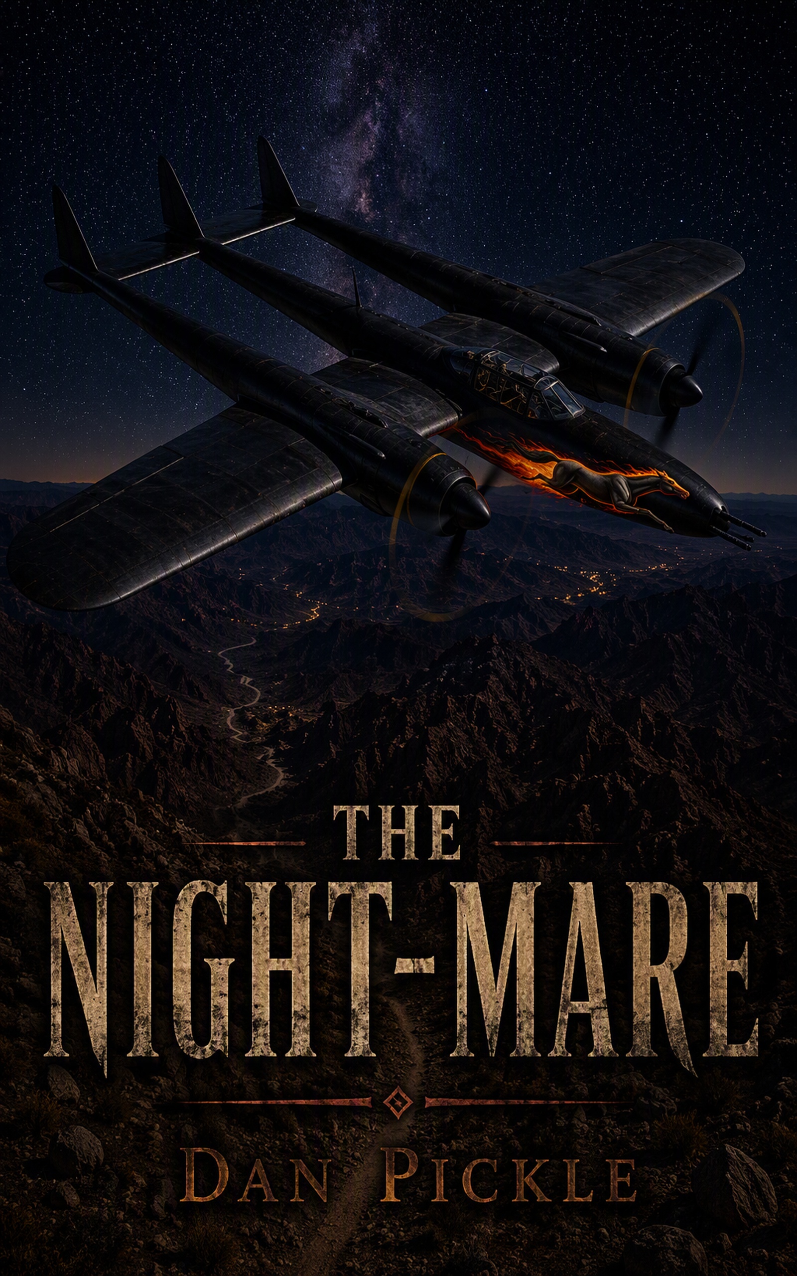 The Night-Mare book cover, showing a fictional twin-boom P-50 Night-Mare night fighter over mountains at night